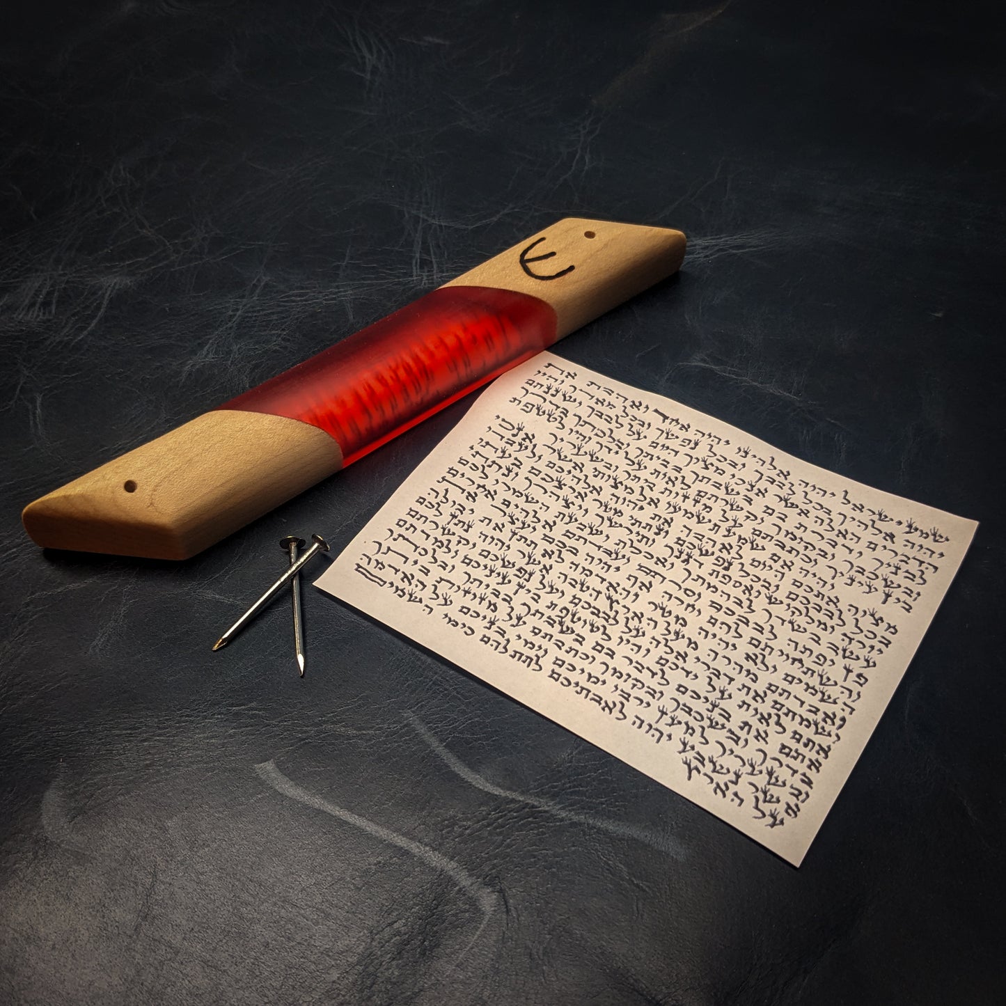 Maple and Red Resin Window Mezuzah