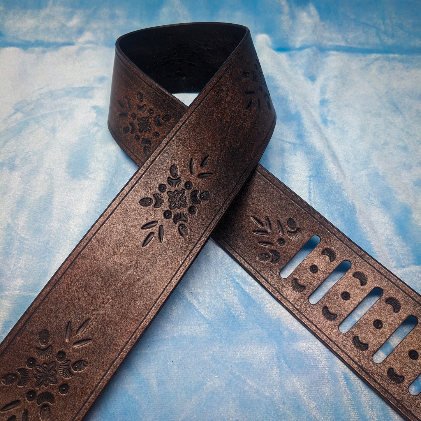 Dark Floral Tooled Leather Guitar Strap