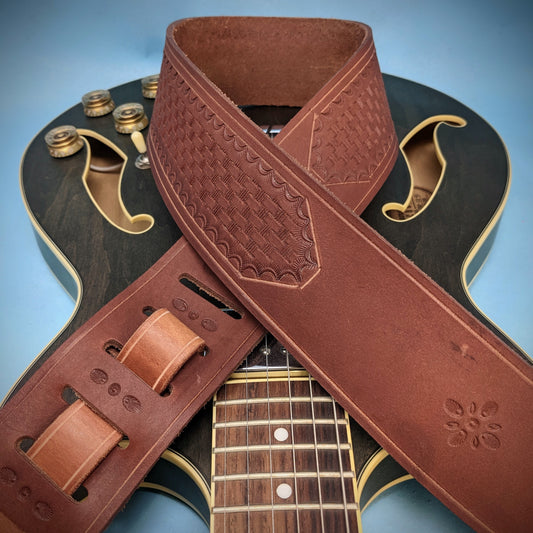 Basket Weave Tooled Leather Guitar Strap