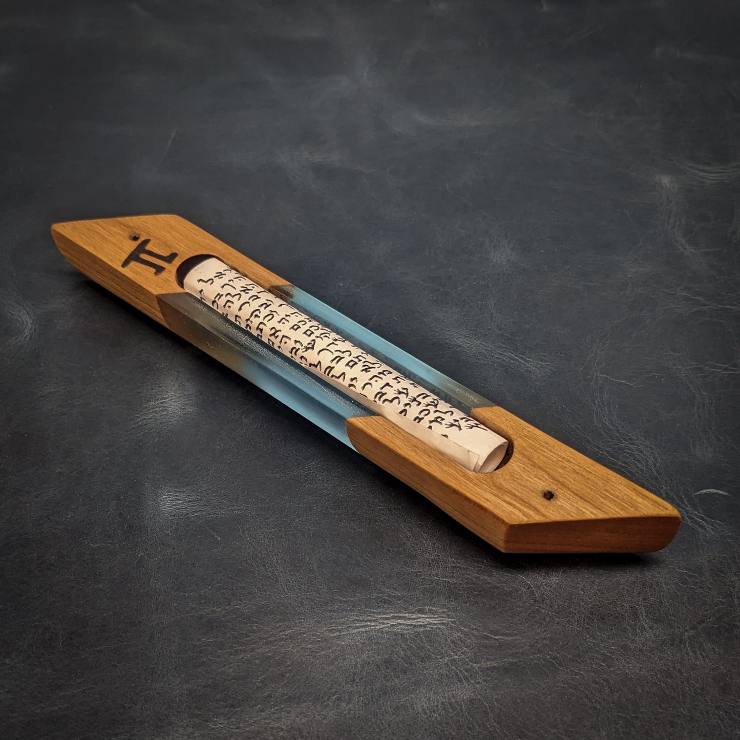 Light Blue Cherry Wood and Resin Window Mezuzah