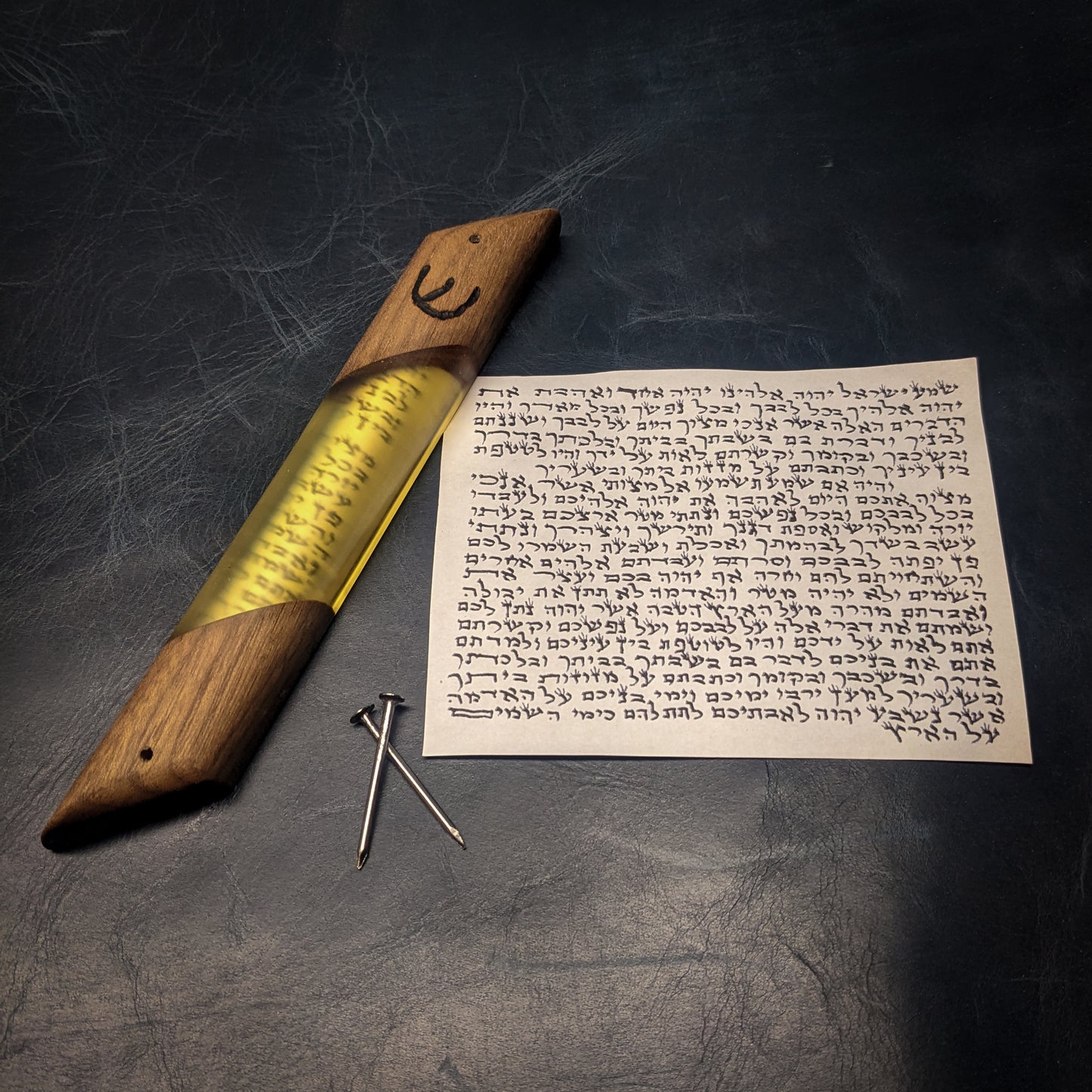 Yellow Walnut Wood and Resin Window Mezuzah
