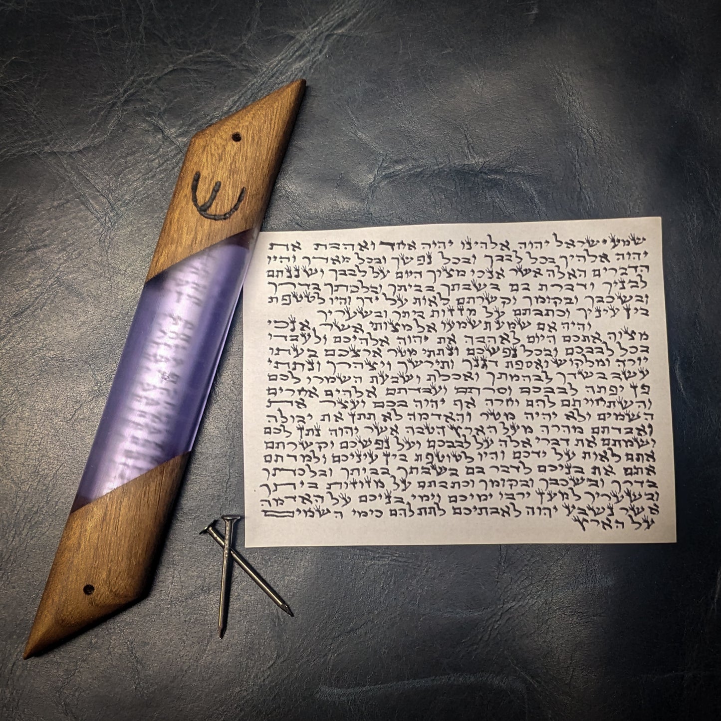 Purple Walnut Wood and Resin Window Mezuzah