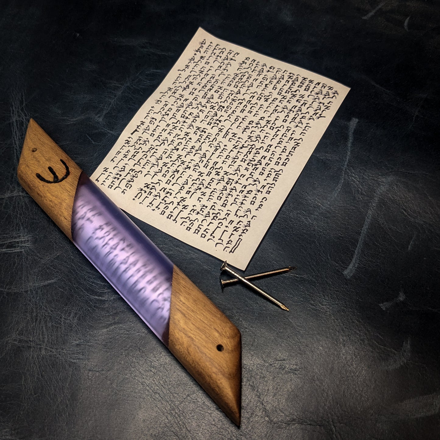 Purple Walnut Wood and Resin Window Mezuzah
