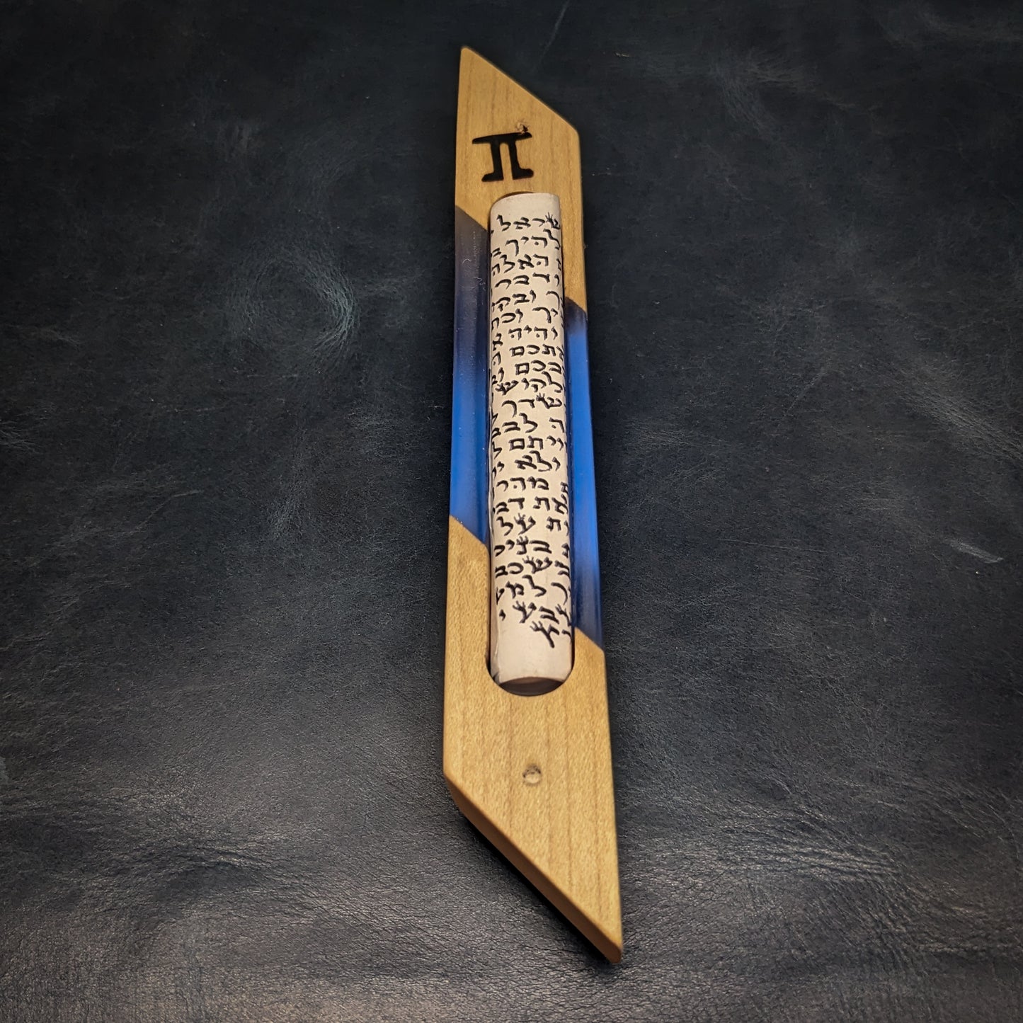 Maple and Blue Resin Window Mezuzah