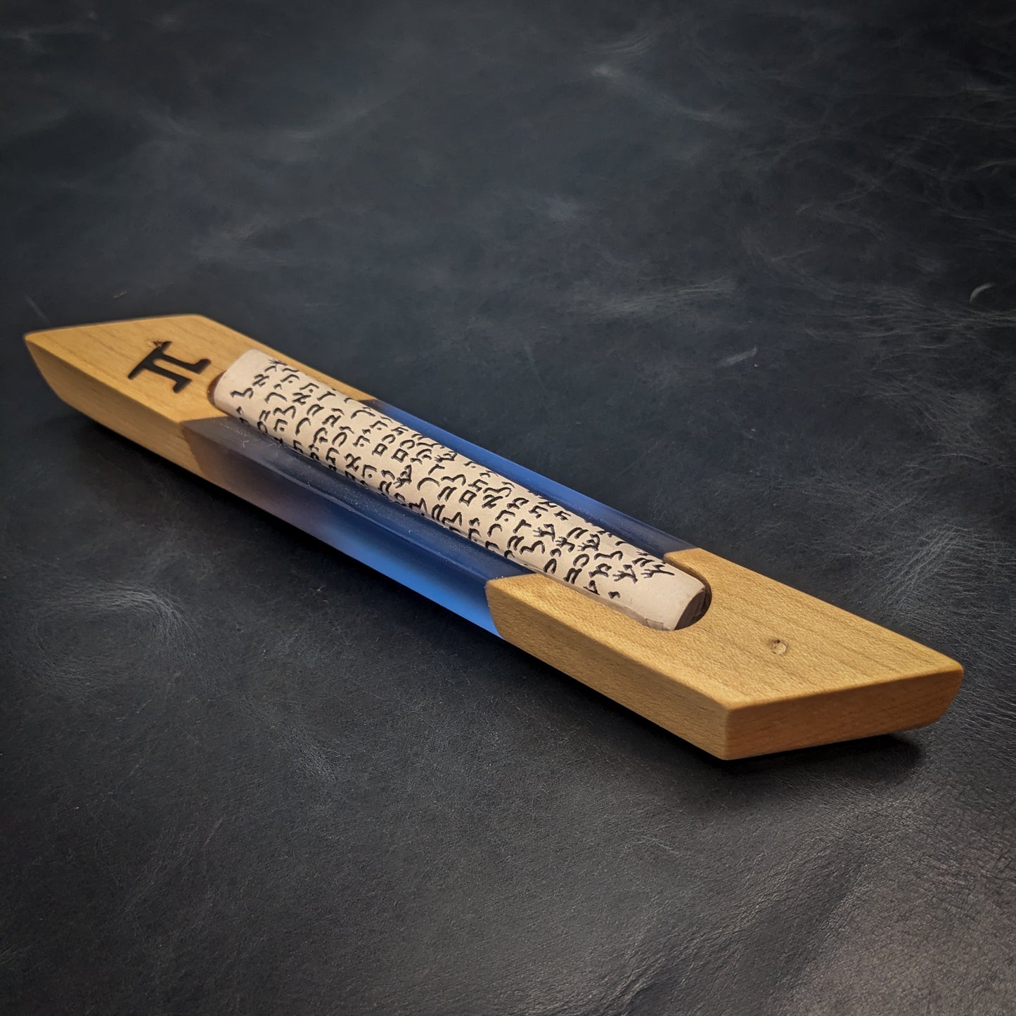 Maple and Blue Resin Window Mezuzah