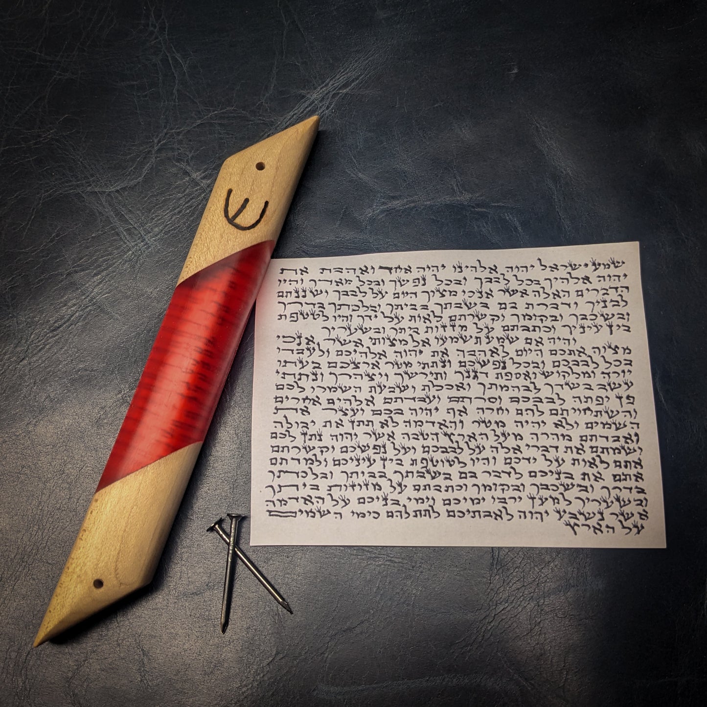 Maple and Red Resin Window Mezuzah
