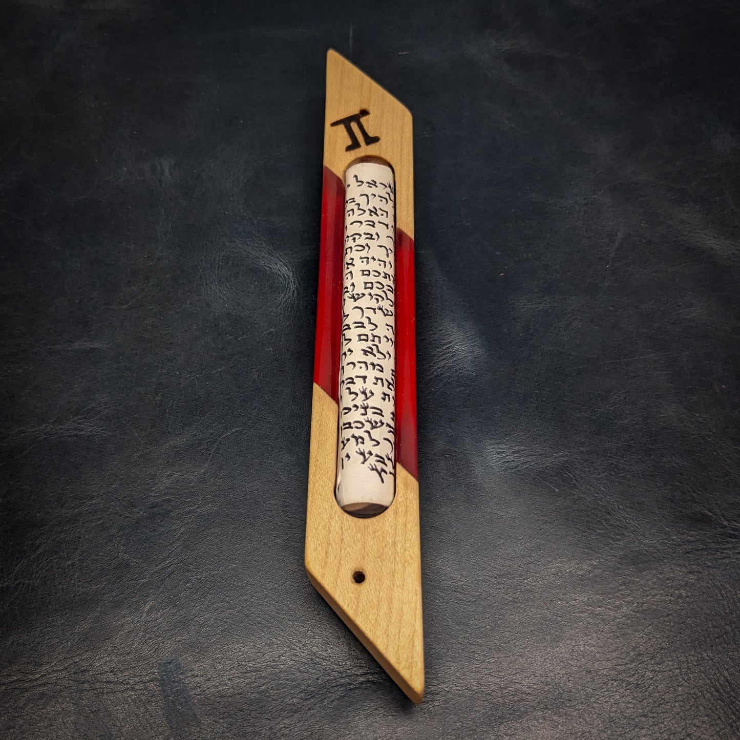 Maple and Red Resin Window Mezuzah
