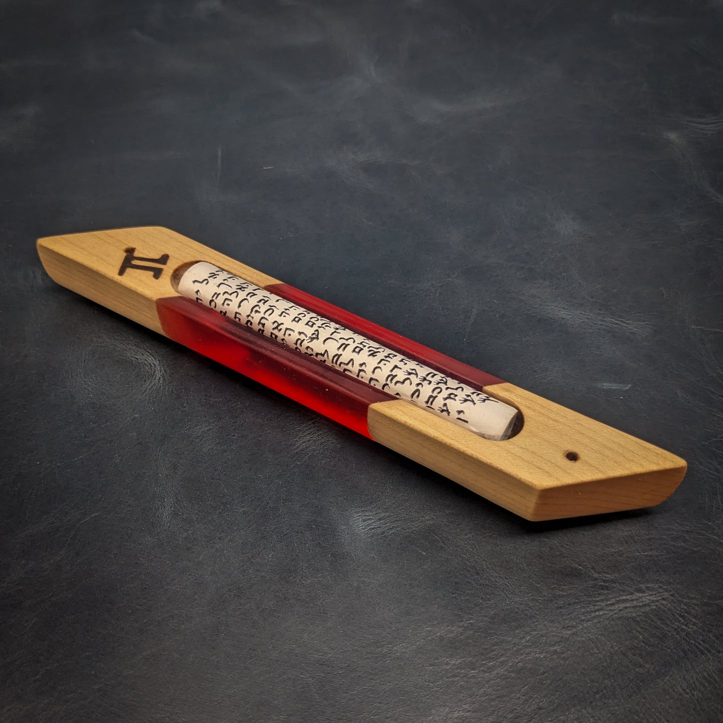 Maple and Red Resin Window Mezuzah