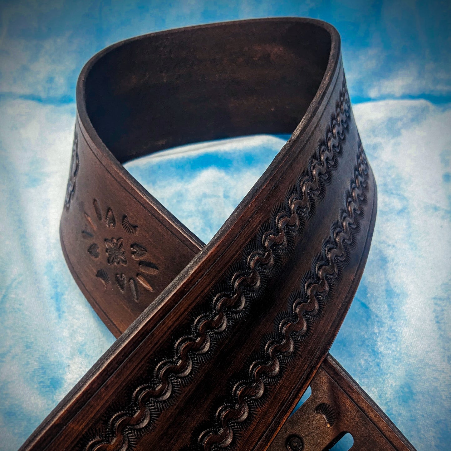 Dark Sunrise Tooled Leather Guitar Strap