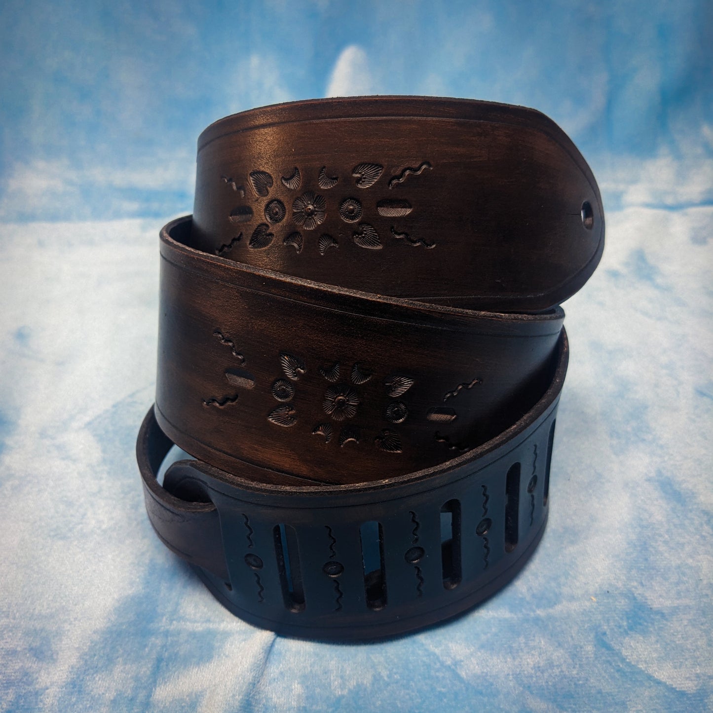 Dark Floral Tooled Leather Guitar Strap