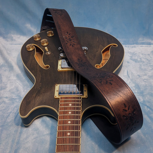 Dark Floral Tooled Leather Guitar Strap