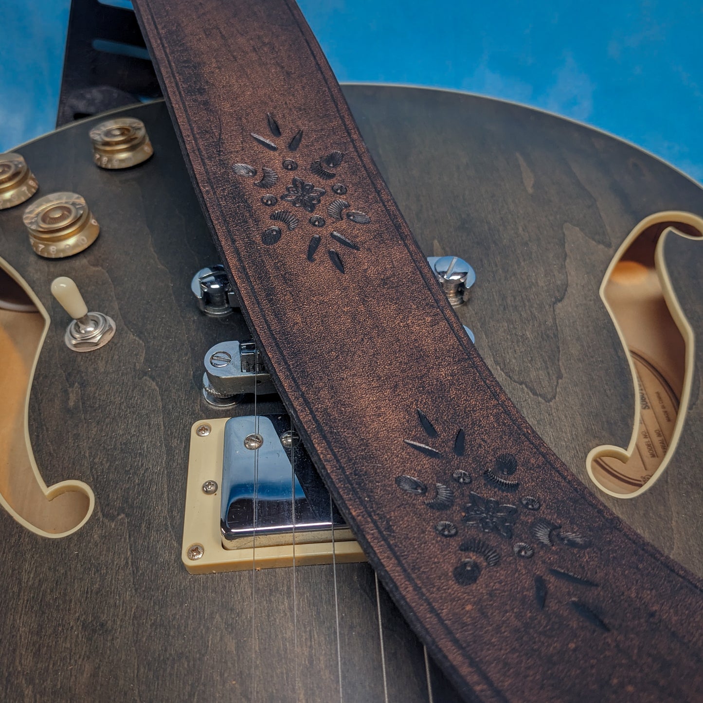 Dark Floral Tooled Leather Guitar Strap
