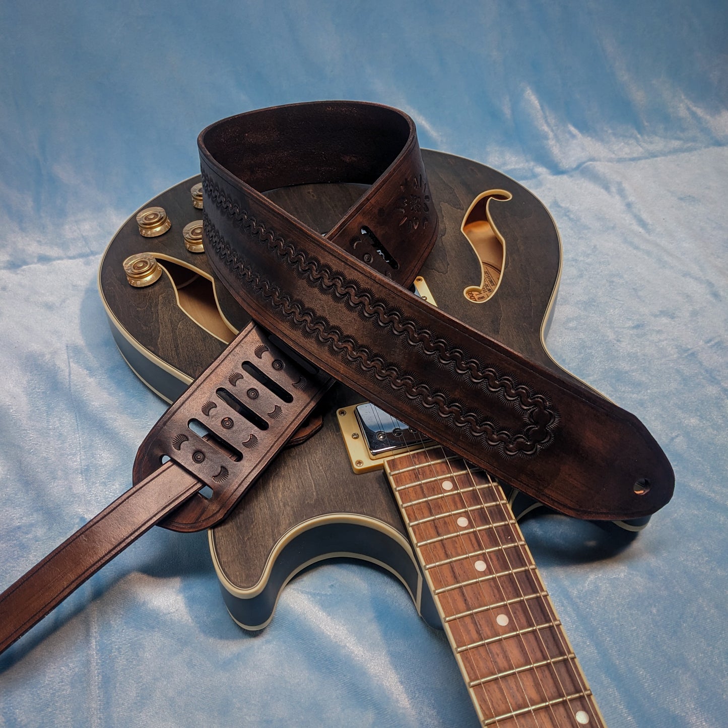 Dark Sunrise Tooled Leather Guitar Strap