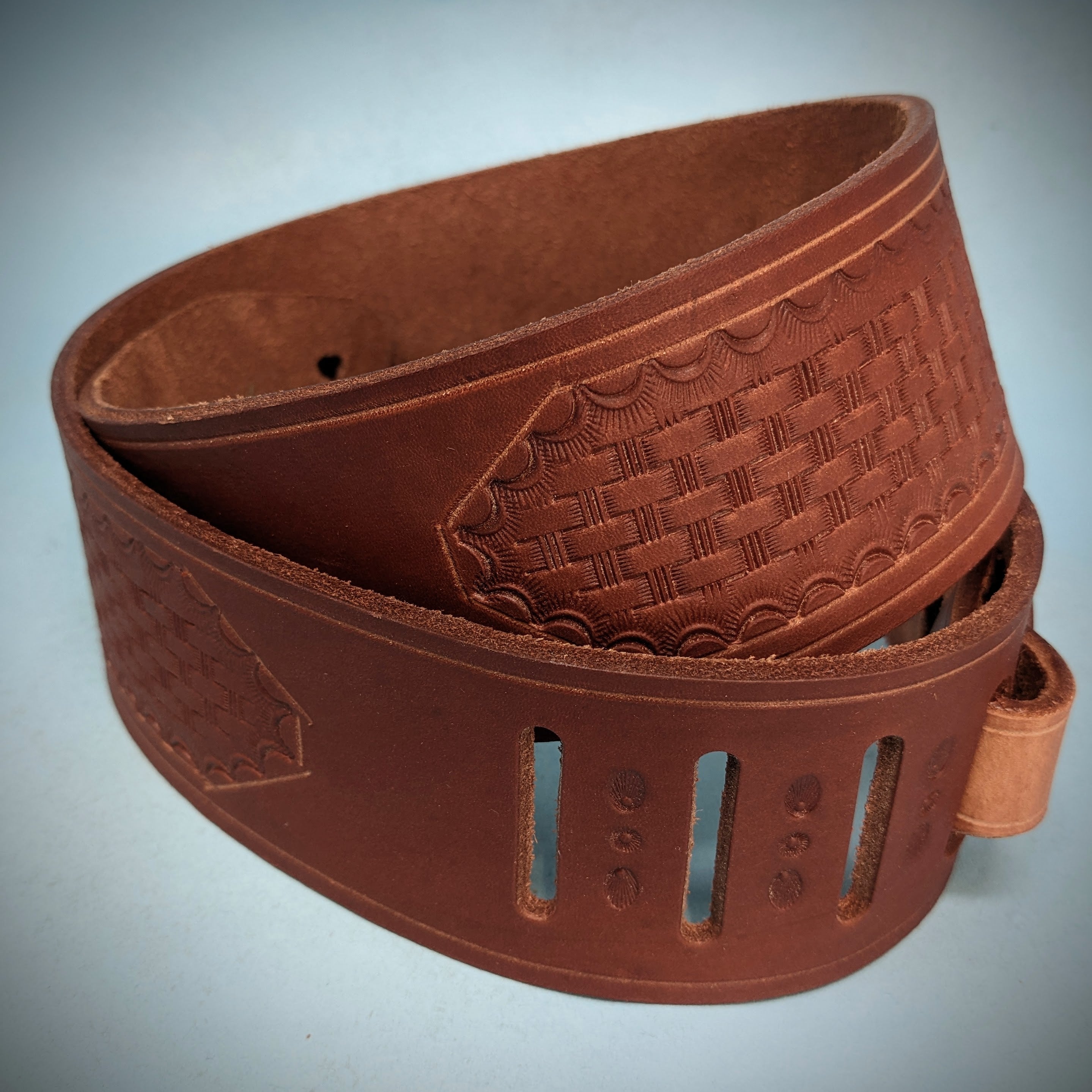 131 Leather Custom Guitar Strap Tooled Stamped Carved Basket discount Weave Border Saddle Tan Adjustable