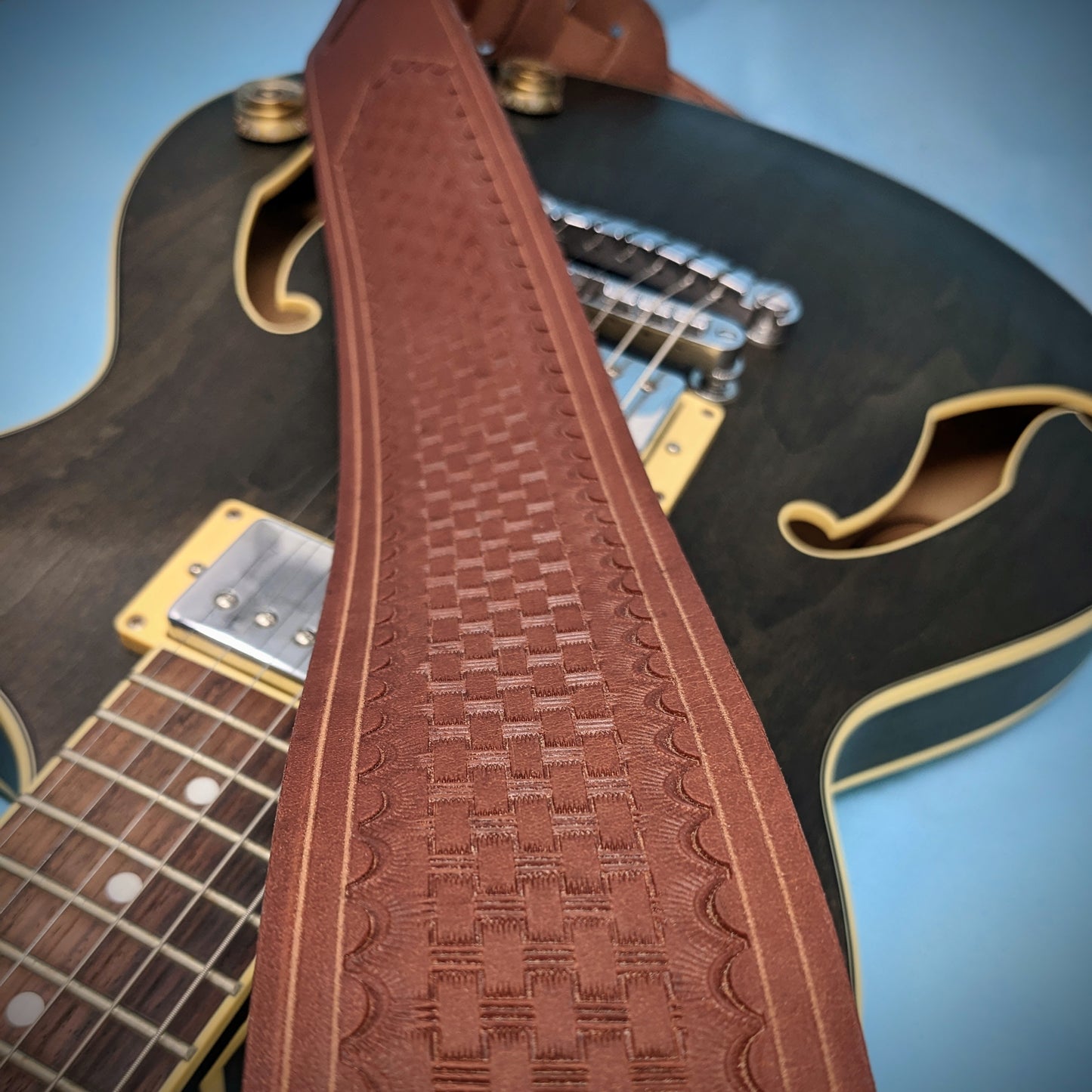 Basket Weave Tooled Leather Guitar Strap