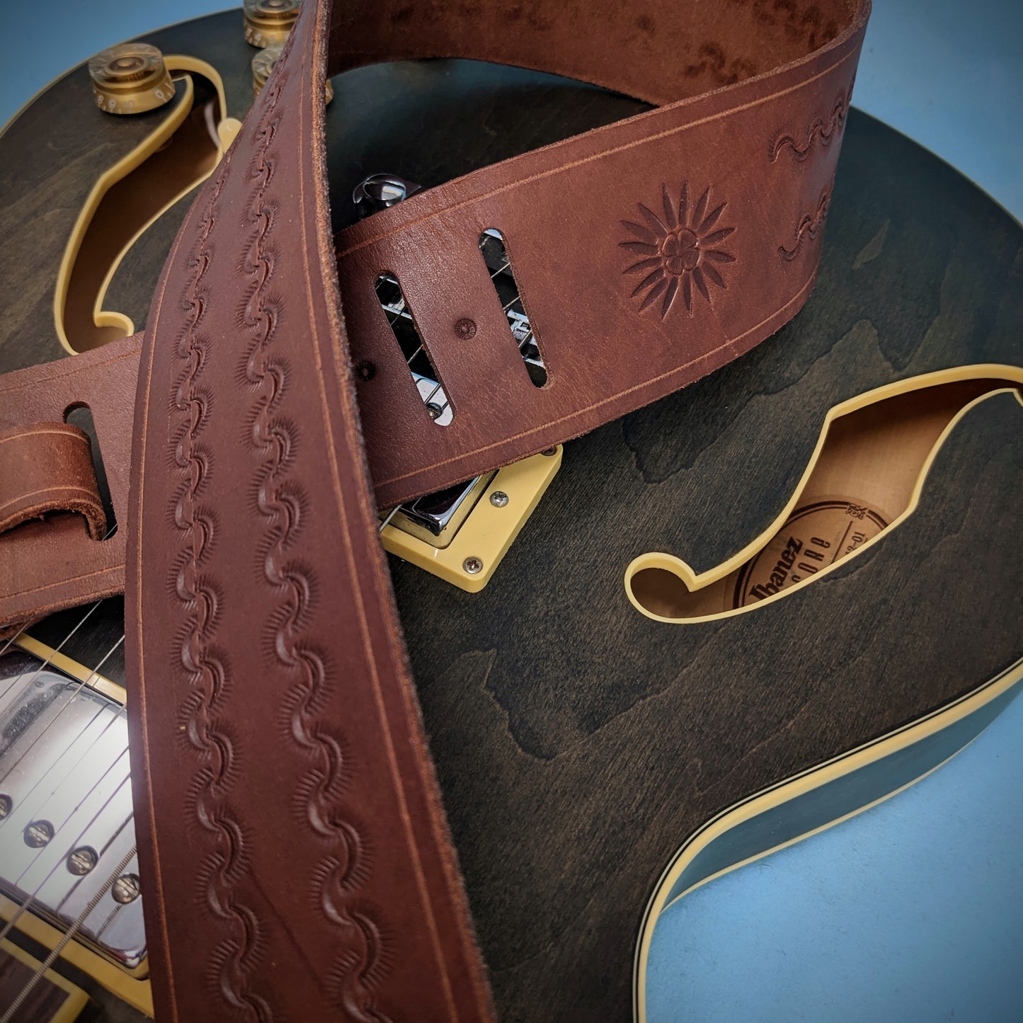 Sunrise Tooled Leather Guitar Strap