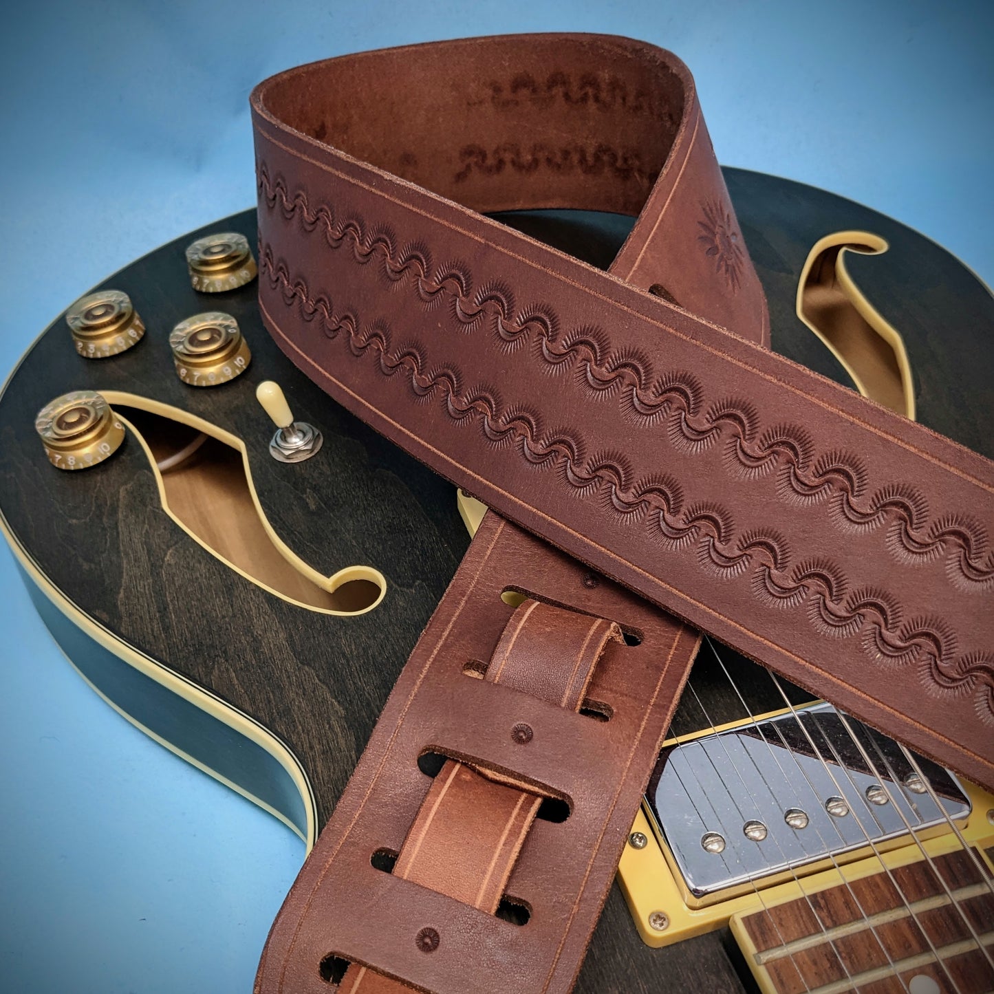 Sunrise Tooled Leather Guitar Strap