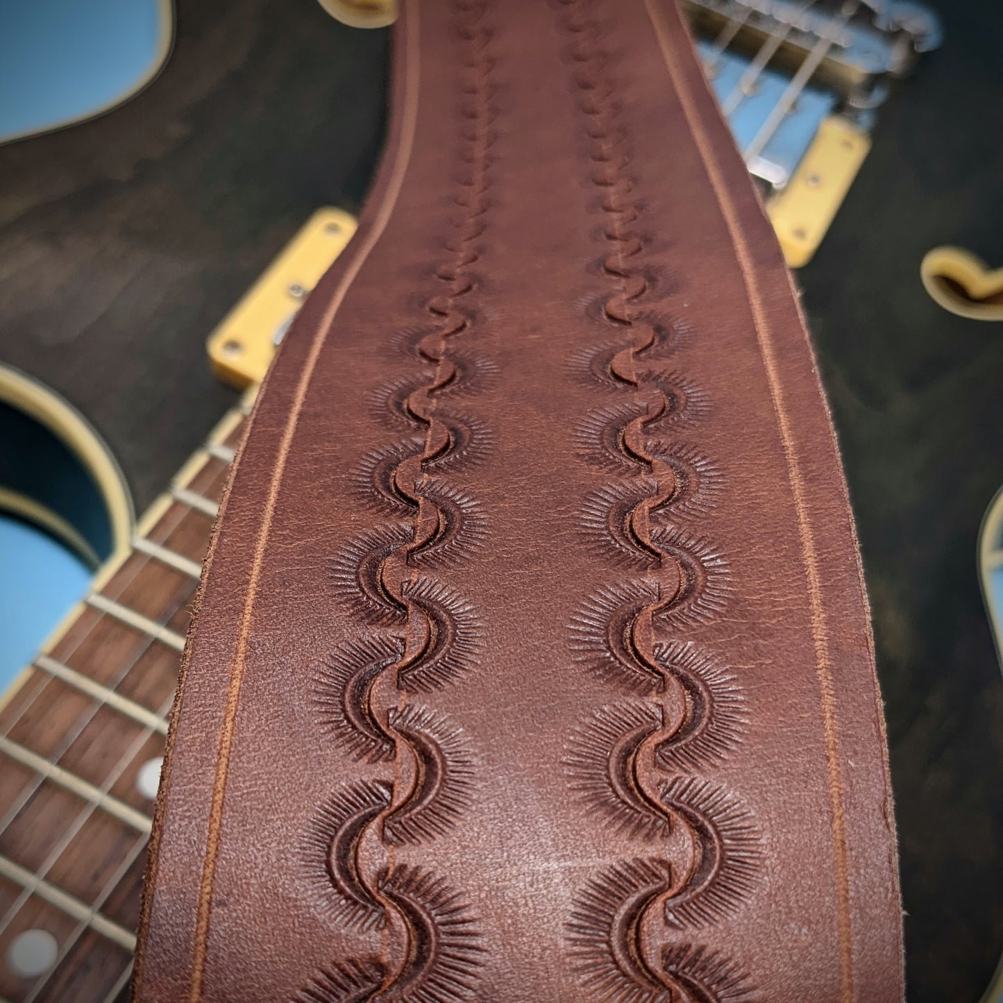 Sunrise Tooled Leather Guitar Strap