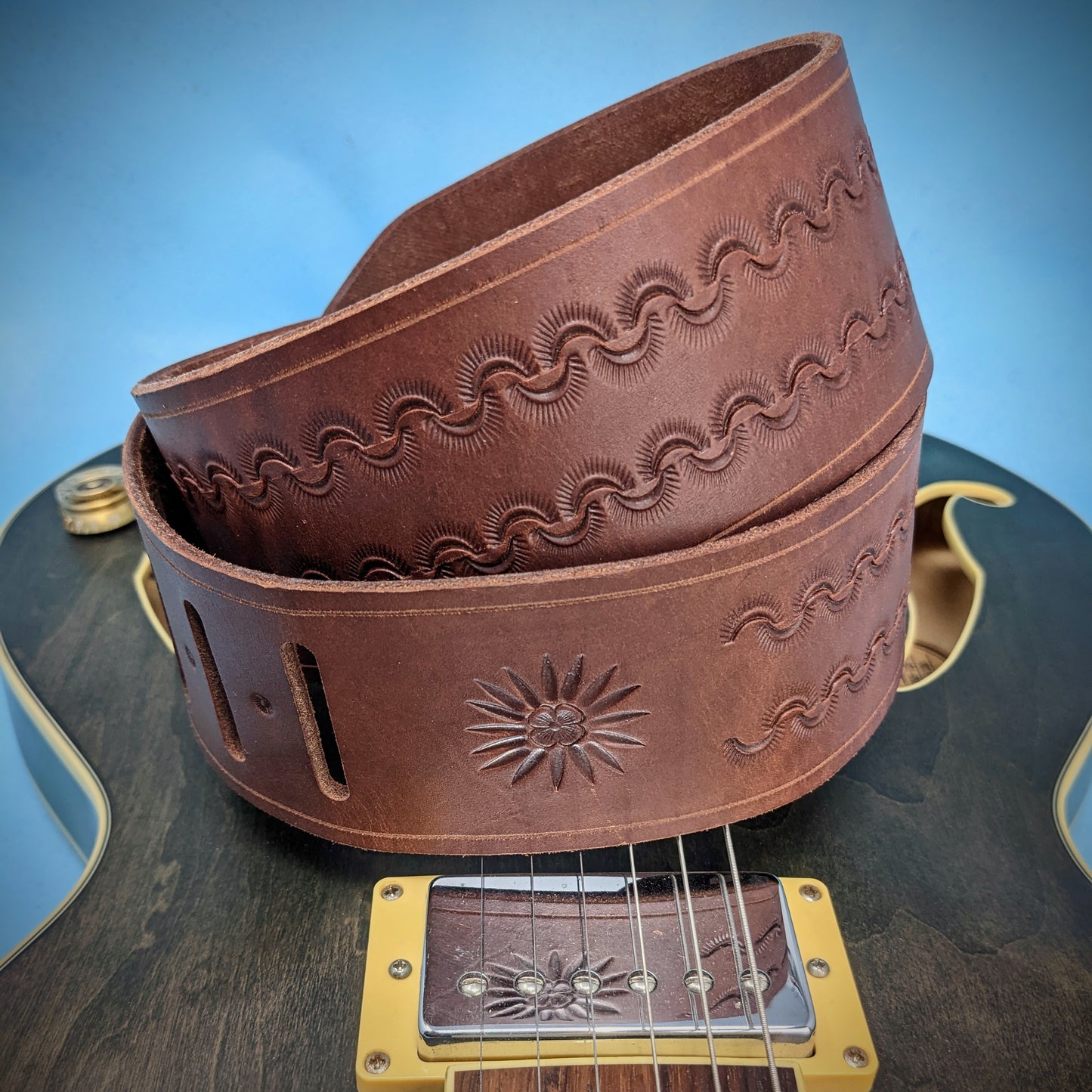 Sunrise Tooled Leather Guitar Strap